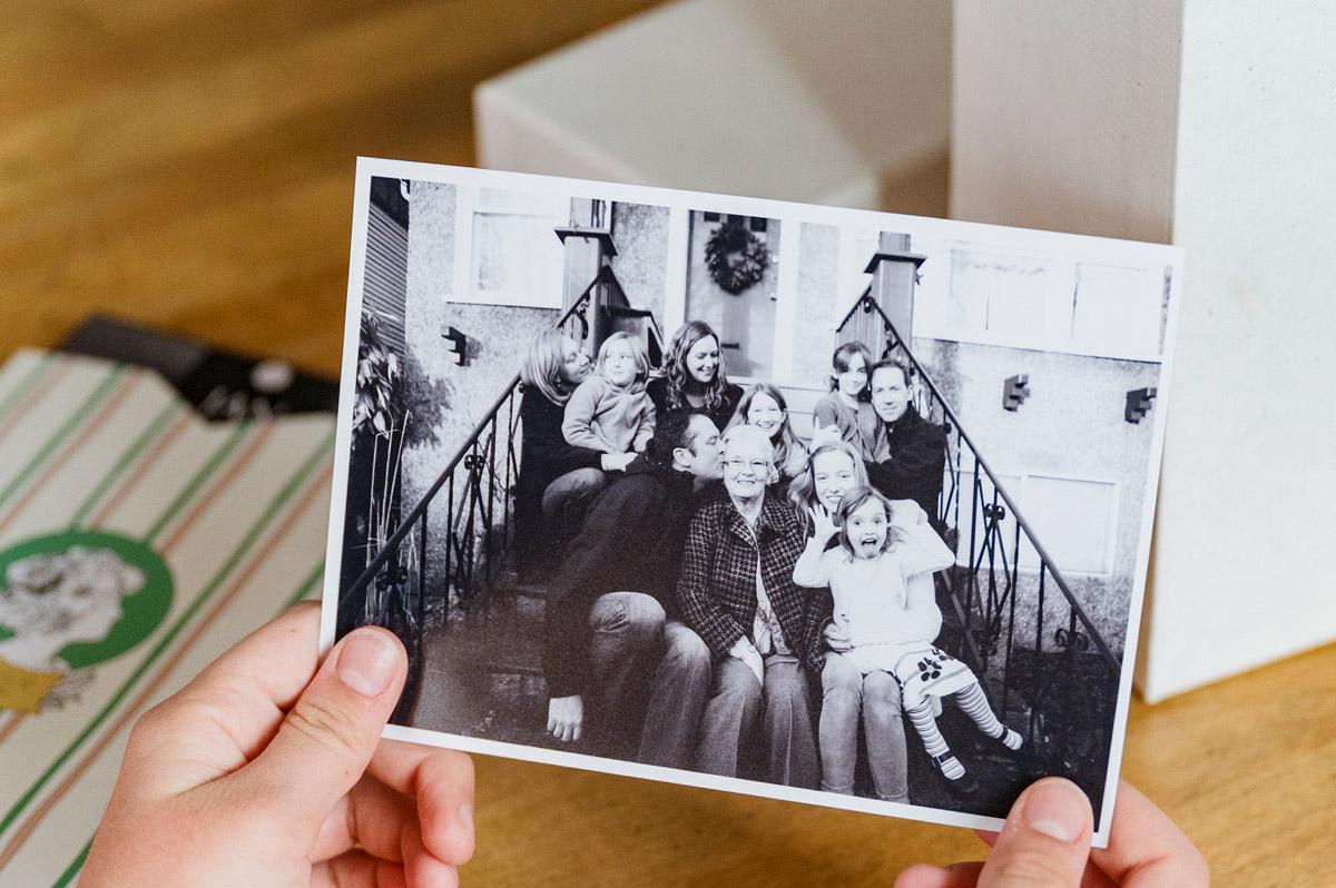 Black and white printed photo of a family