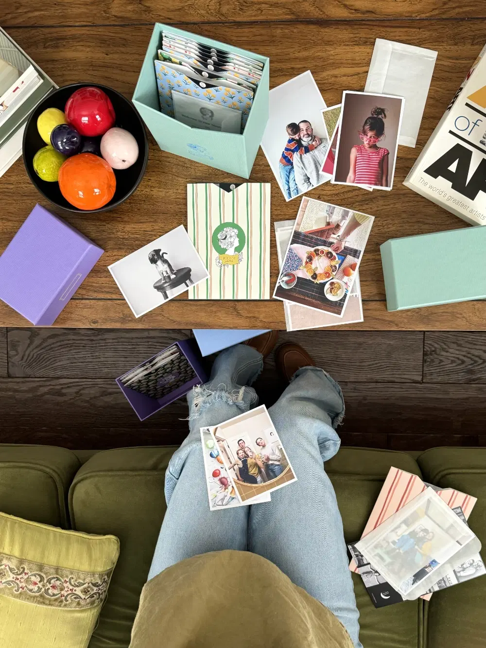 Family sharing printed photos